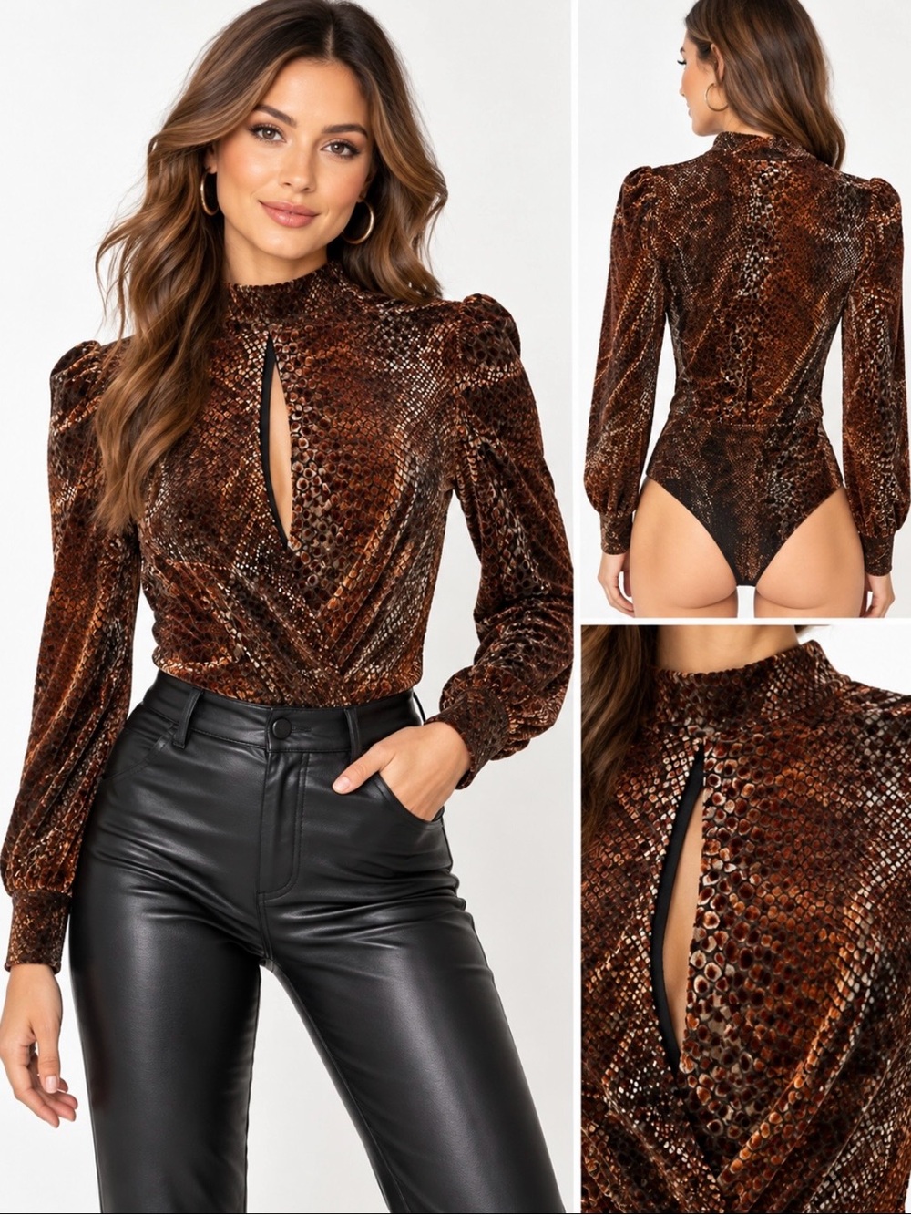 WAYF Brown Velvet Snakeskin Print Bodysuit Puff Sleeve Y2K Glam Size Small